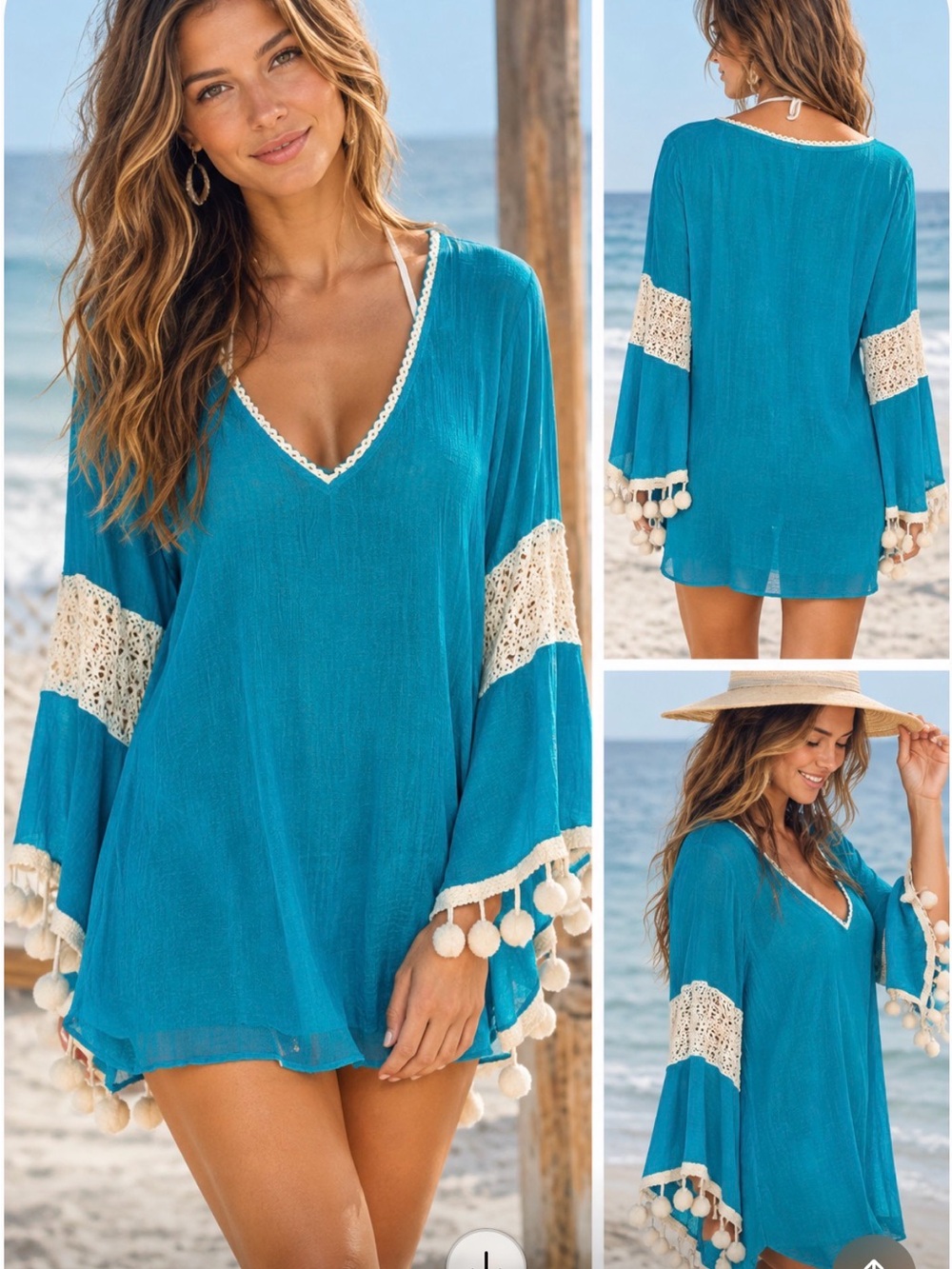 Turquoise Blue Crochet Trim Pom Pom Bell Sleeve Swim Cover Up Boho Resort Wear
